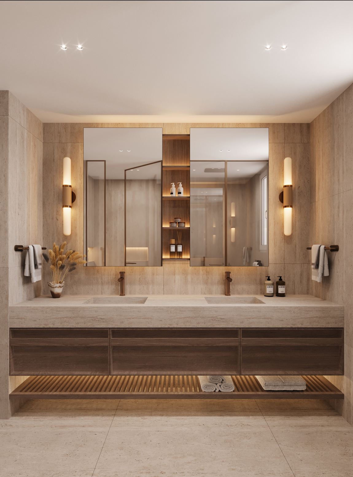 Bathroom with twin mirrored cabinets, travertine walls and a slatted oak shelf