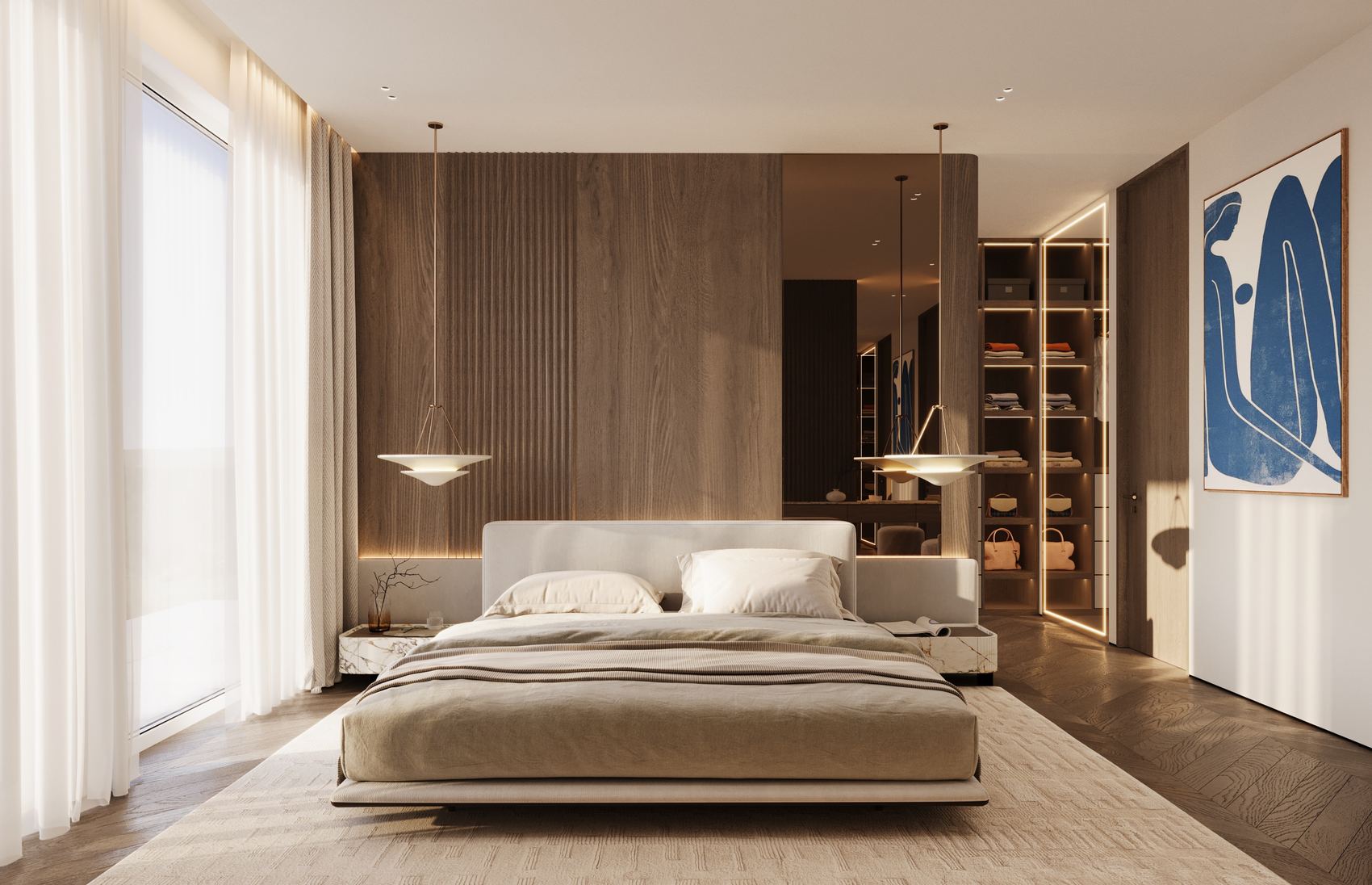 Principal bedroom with a fluted oak headboard wall opening to the dressing room