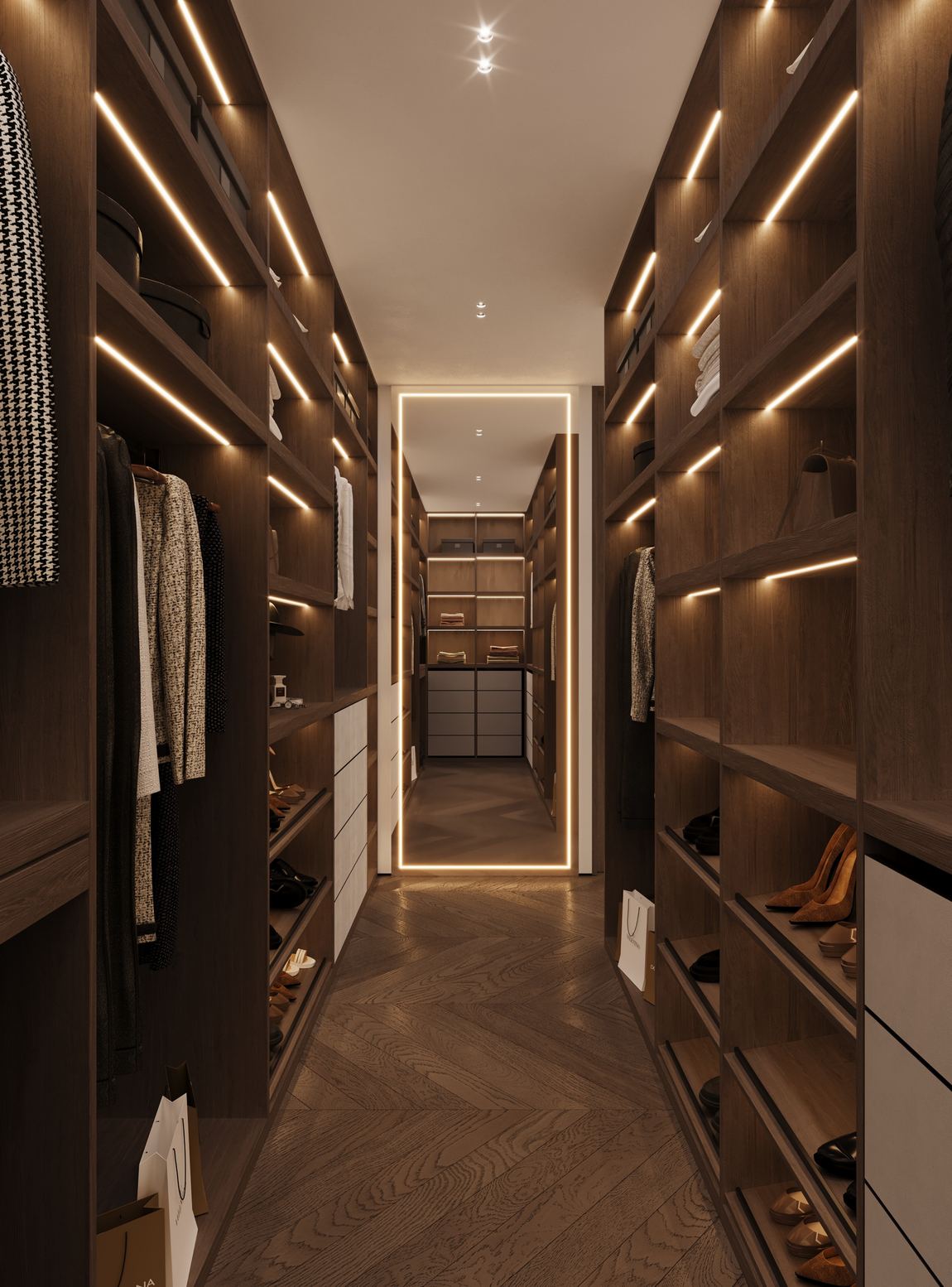 Walk-in dressing room in dark oak with integrated strip lighting