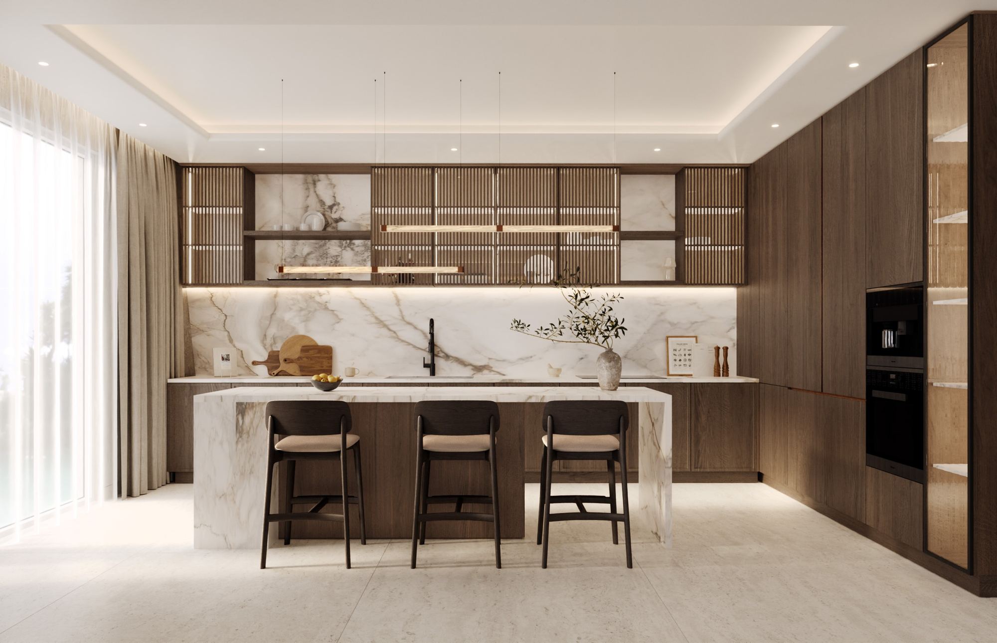 Arabian Ranches — kitchen with marble island and full-height oak joinery