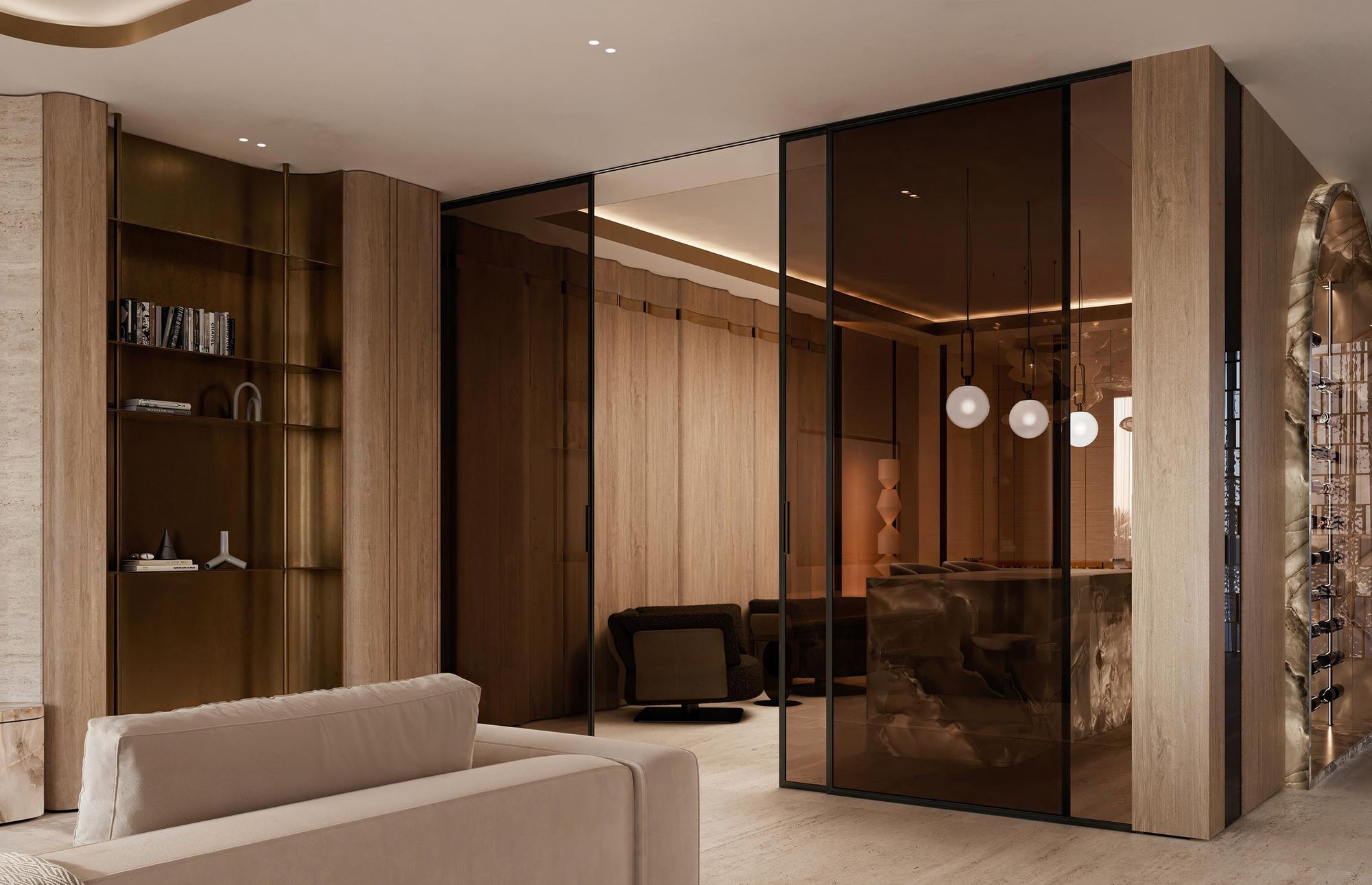 Reception room with bronze-framed glass partitions and oak joinery