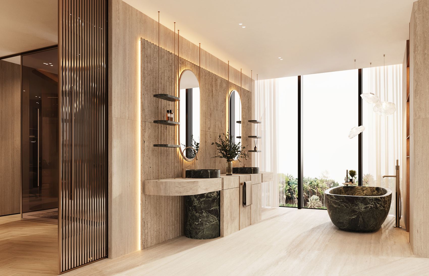 Second bathing suite with twin oval mirrors and a green marble bath