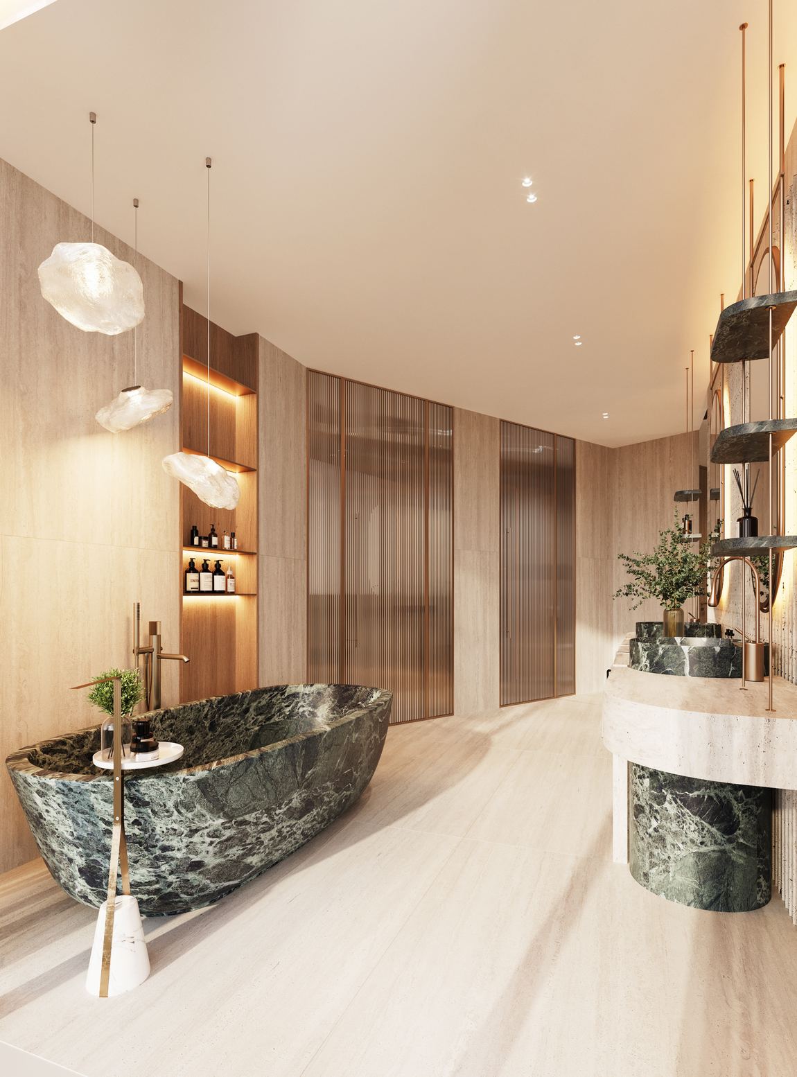 Bathing suite with a carved green marble bath and travertine vanity
