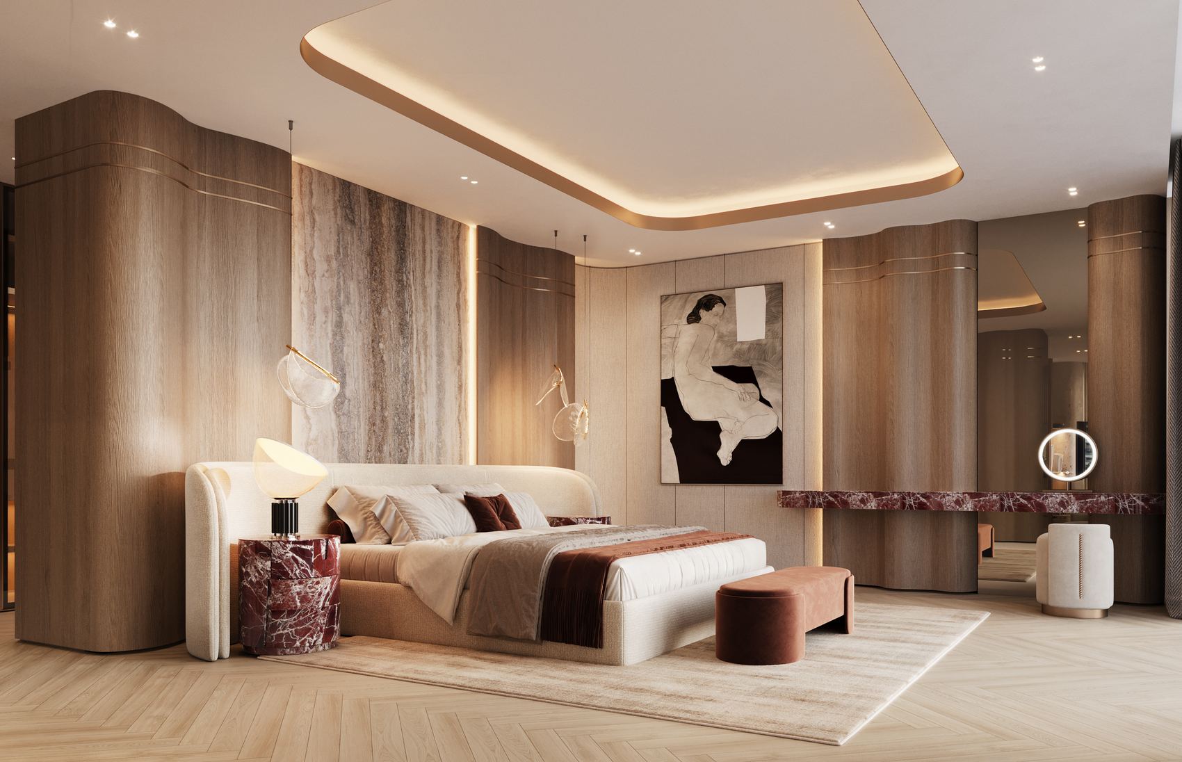 Principal bedroom with curved oak panelling and rosso levanto detailing