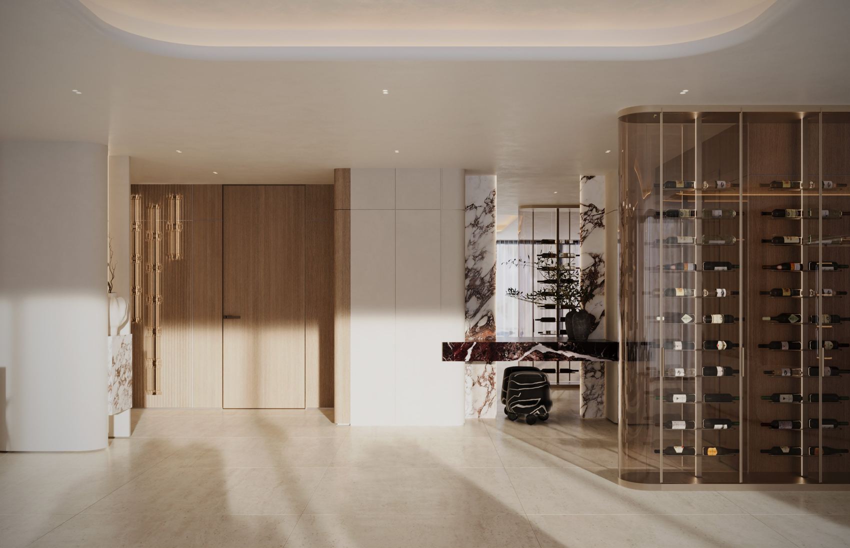 Entrance hall with a back-lit wine display and Calacatta Viola columns