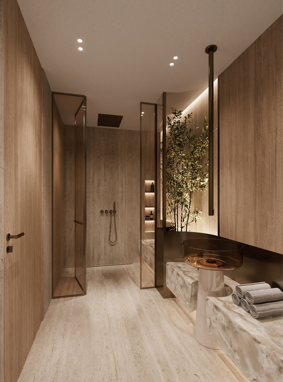 Travertine corridor leading to the bathing suite