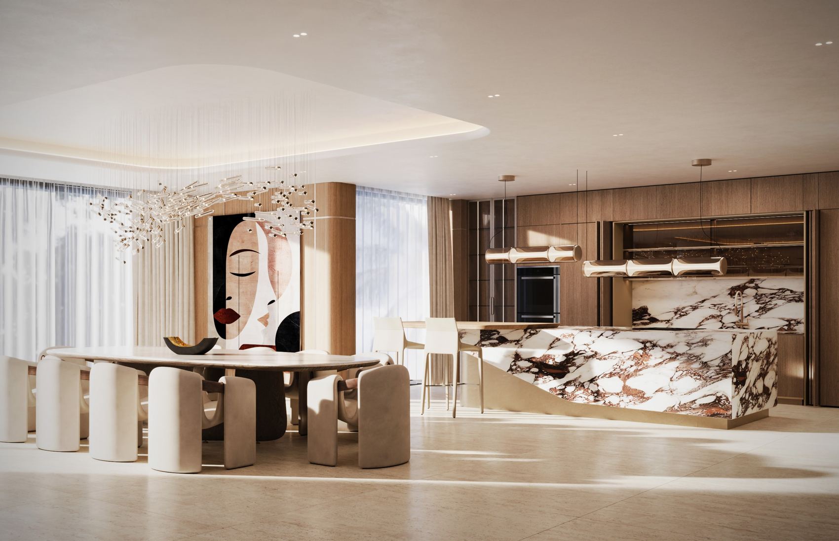 Kitchen and dining room with a Calacatta Viola island and sculptural chandelier