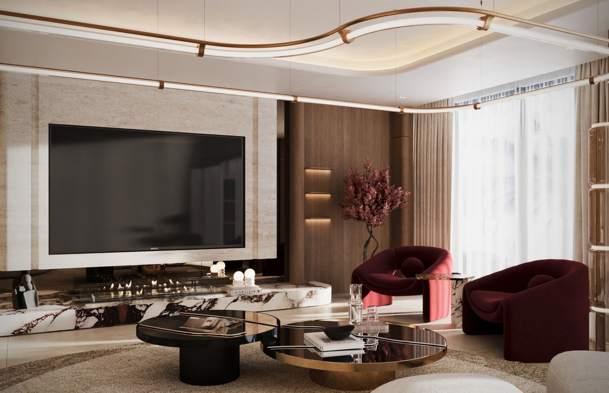 W Residences — living room with travertine media wall and burgundy velvet seating