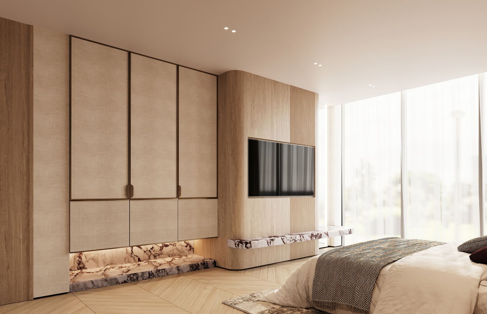 Bedroom wardrobe wall in linen-faced joinery with a Calacatta Viola ledge